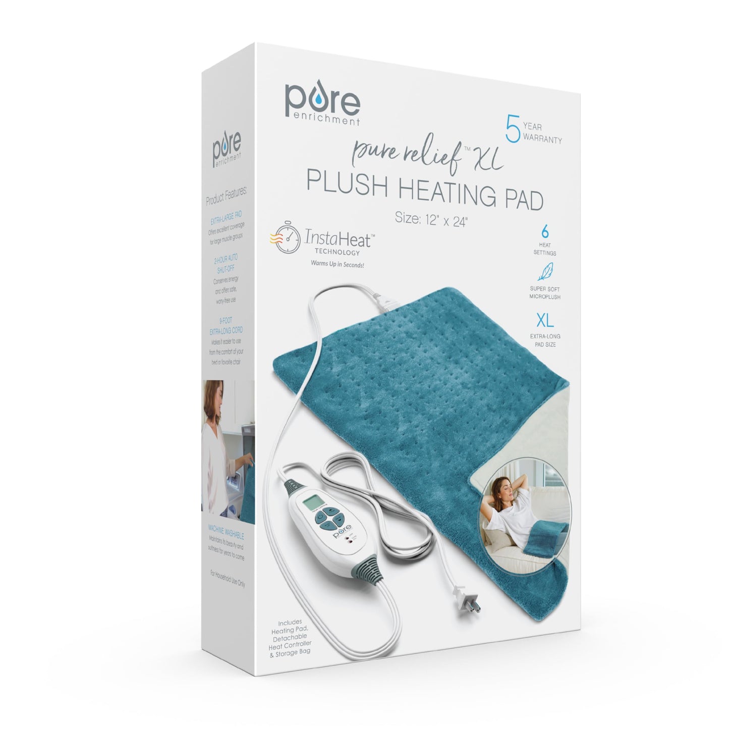 Pure Enrichment® PureRelief® XL Heating Pad - 12" x 24" Electric Heating Pad for Back Pain & Cramps, 6 Heat Settings, Soft Machine Wash Fabric, Auto-Off & Moist Heat (Charcoal Gray)