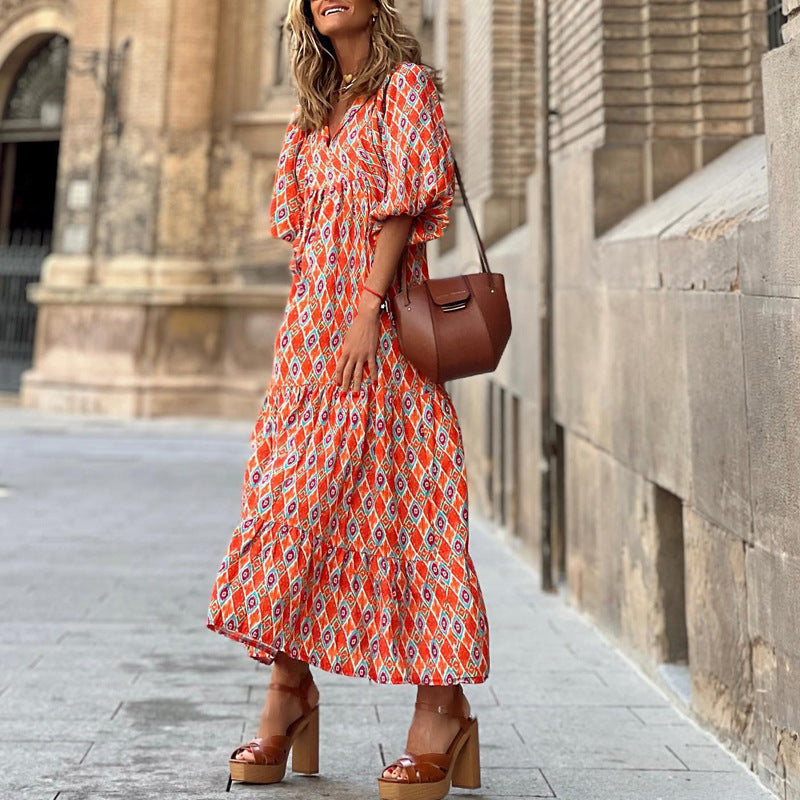 Women’s Summer Bohemian Dress – Vintage Printed, Casual Loose V-Neck, Short Sleeve, Long Elegant Dress