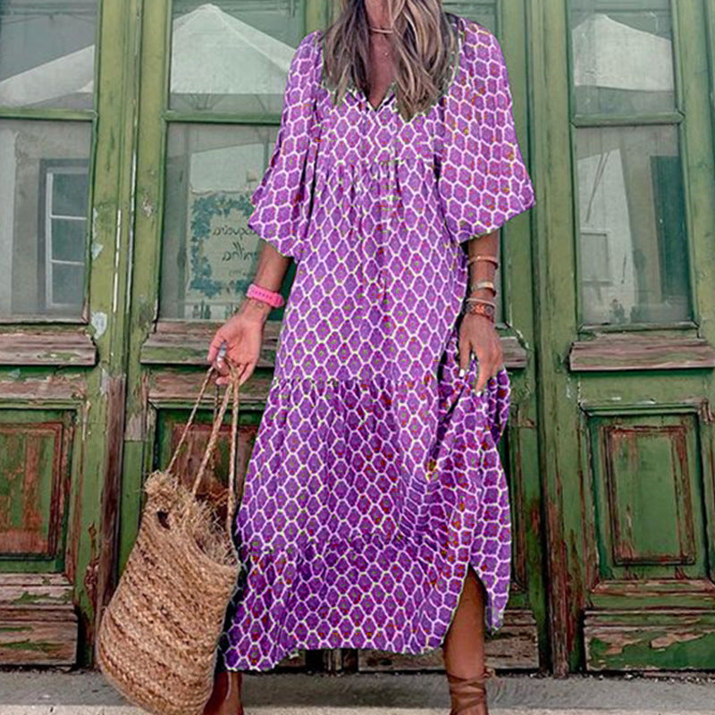 Women’s Summer Bohemian Dress – Vintage Printed, Casual Loose V-Neck, Short Sleeve, Long Elegant Dress