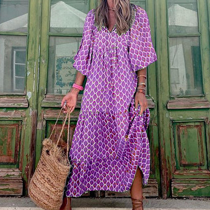 Women’s Summer Bohemian Dress – Vintage Printed, Casual Loose V-Neck, Short Sleeve, Long Elegant Dress