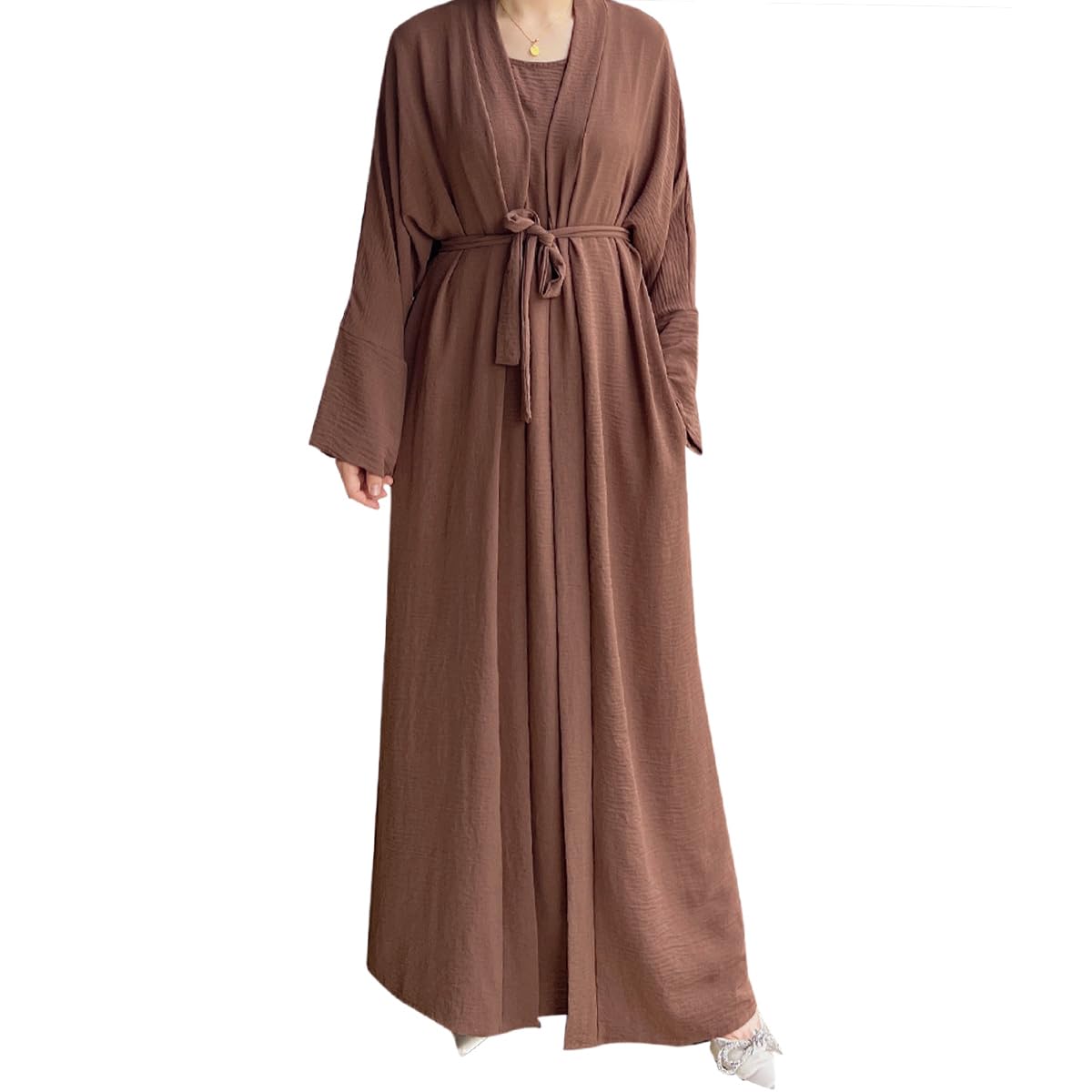 2PCS Muslim Women’s Abaya Set – Islamic Dubai Prayer Dress & Long Cardigan Maxi Robe