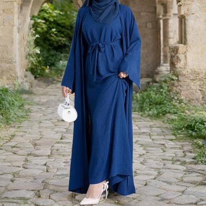 2PCS Muslim Women’s Abaya Set – Islamic Dubai Prayer Dress & Long Cardigan Maxi Robe