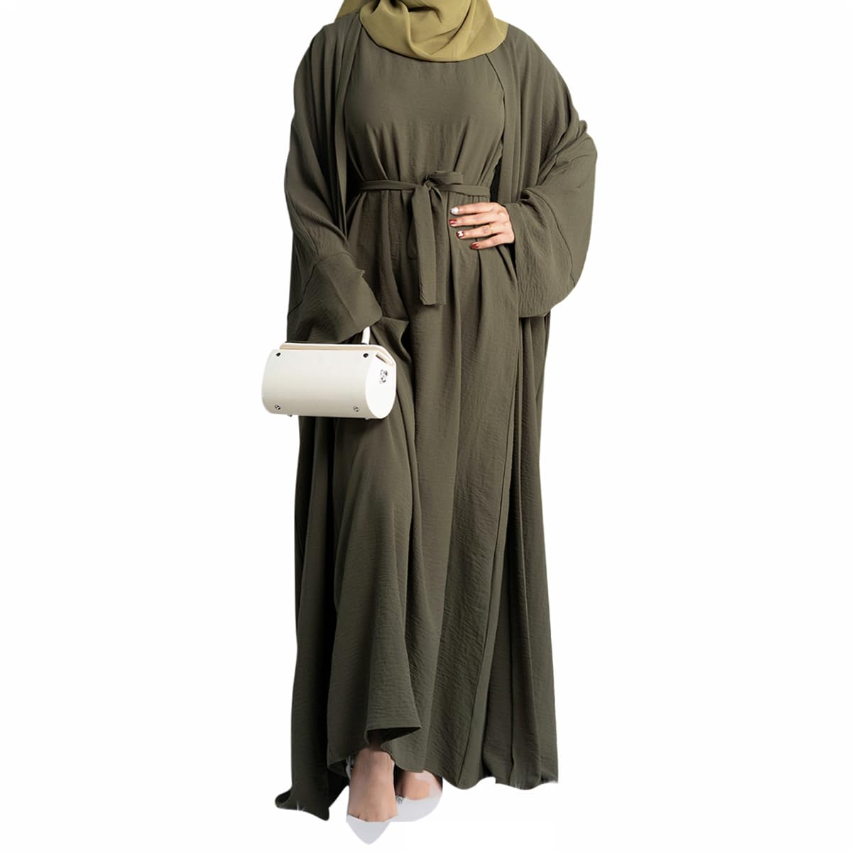 2PCS Muslim Women’s Abaya Set – Islamic Dubai Prayer Dress & Long Cardigan Maxi Robe