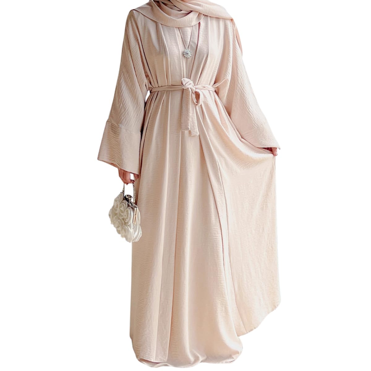 2PCS Muslim Women’s Abaya Set – Islamic Dubai Prayer Dress & Long Cardigan Maxi Robe