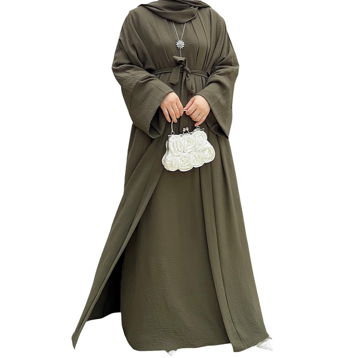 2PCS Muslim Women’s Abaya Set – Islamic Dubai Prayer Dress & Long Cardigan Maxi Robe