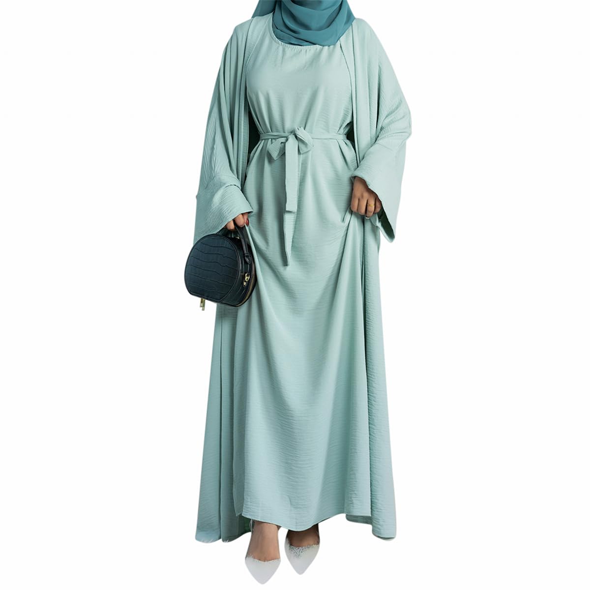 2PCS Muslim Women’s Abaya Set – Islamic Dubai Prayer Dress & Long Cardigan Maxi Robe