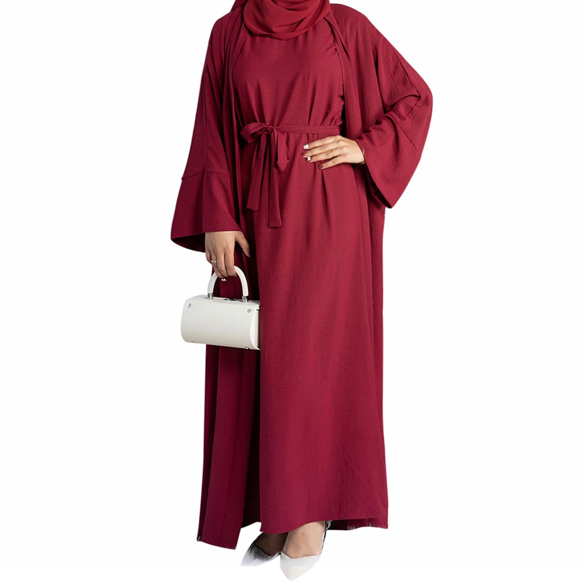 2PCS Muslim Women’s Abaya Set – Islamic Dubai Prayer Dress & Long Cardigan Maxi Robe
