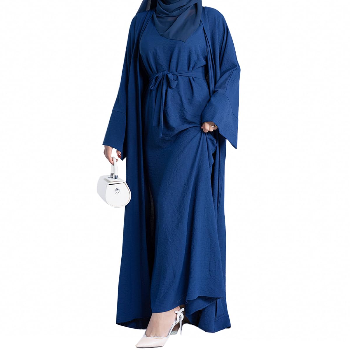 2PCS Muslim Women’s Abaya Set – Islamic Dubai Prayer Dress & Long Cardigan Maxi Robe