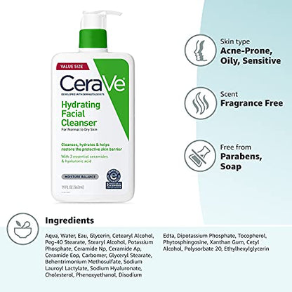 CeraVe Hydrating Facial Cleanser – Moisturizing Face Wash with Hyaluronic Acid, Ceramides & Glycerin for Dry Skin