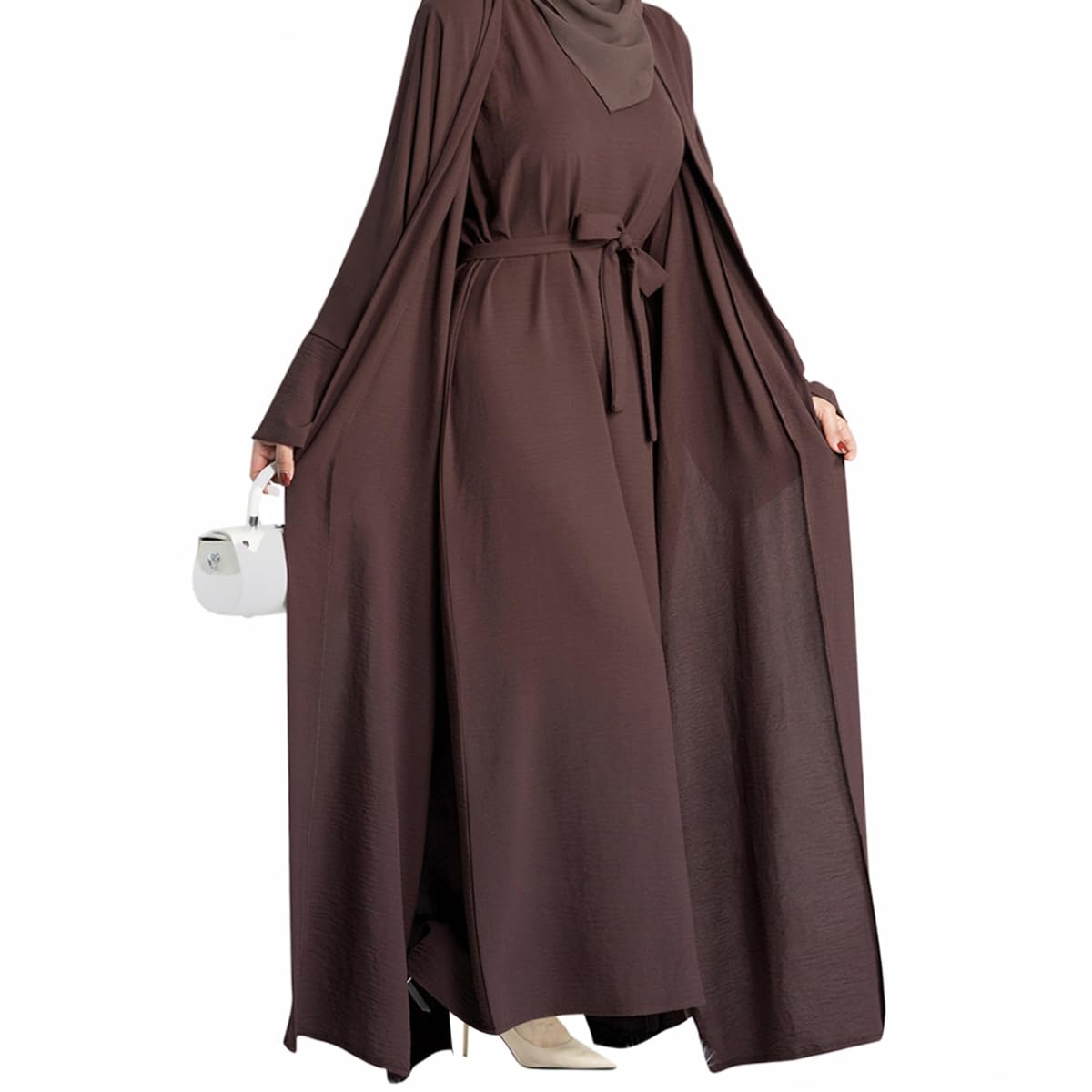 2PCS Muslim Women’s Abaya Set – Islamic Dubai Prayer Dress & Long Cardigan Maxi Robe