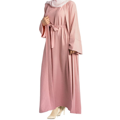2PCS Muslim Women’s Abaya Set – Islamic Dubai Prayer Dress & Long Cardigan Maxi Robe