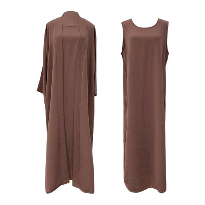 2PCS Muslim Women’s Abaya Set – Islamic Dubai Prayer Dress & Long Cardigan Maxi Robe