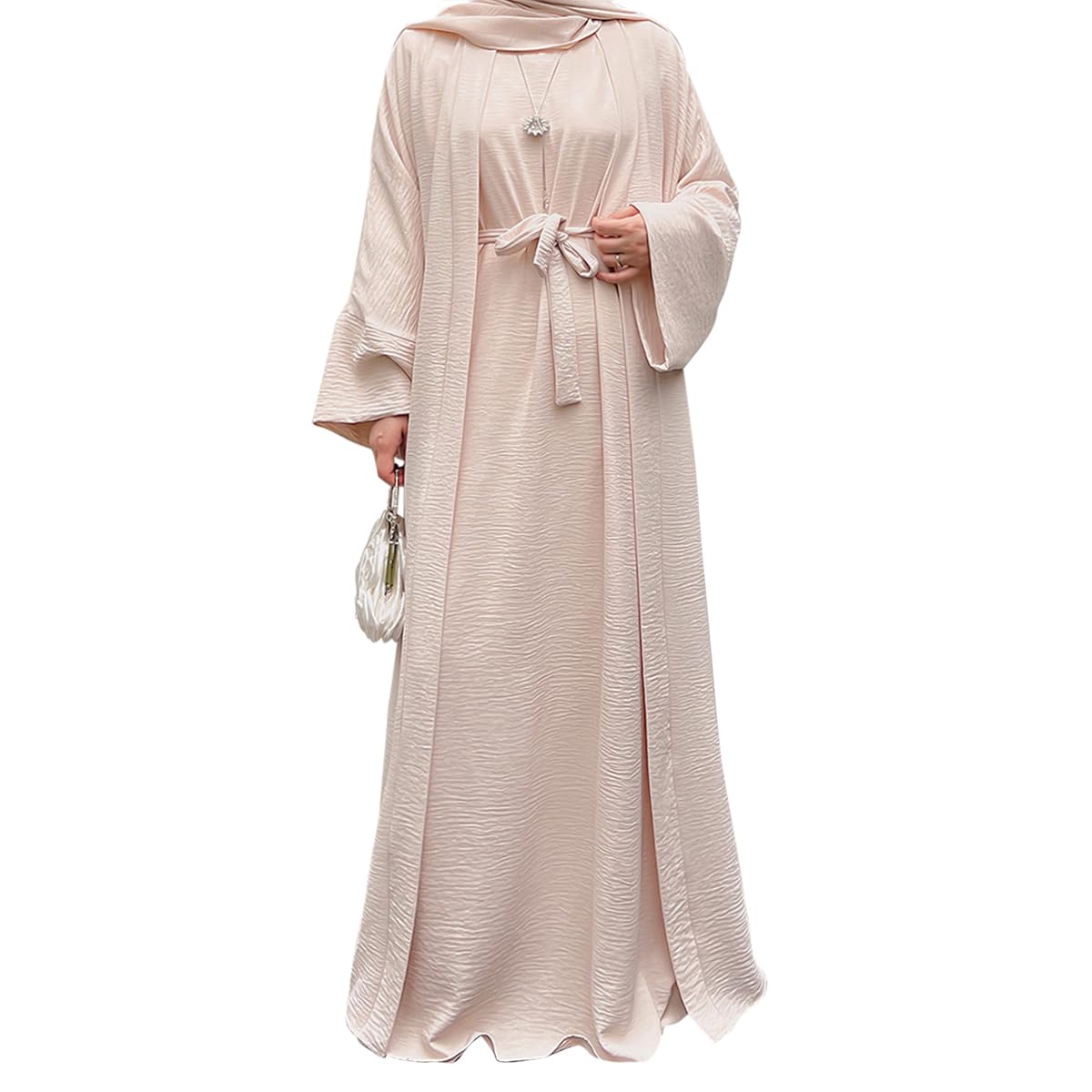 2PCS Muslim Women’s Abaya Set – Islamic Dubai Prayer Dress & Long Cardigan Maxi Robe