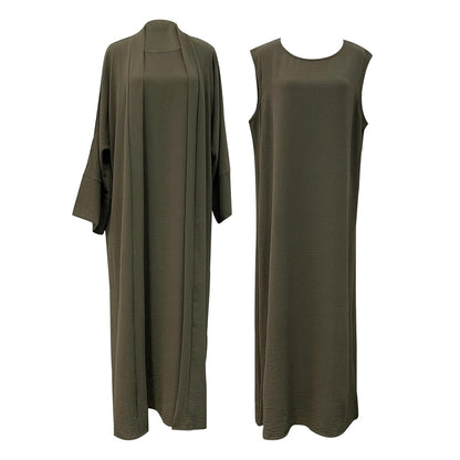 2PCS Muslim Women’s Abaya Set – Islamic Dubai Prayer Dress & Long Cardigan Maxi Robe