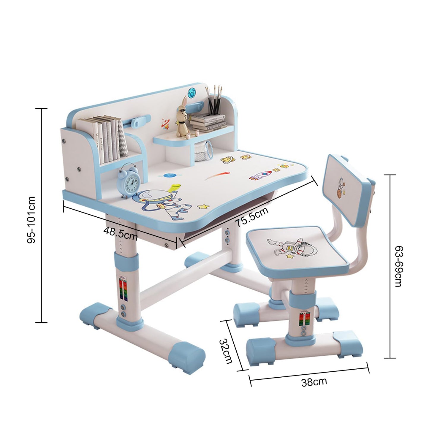Kids Adjustable Study Desk & Chair Set – Ergonomic Learning Table with Drawer & Golden Distance Design (Blue)