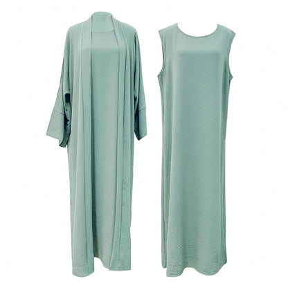 2PCS Muslim Women’s Abaya Set – Islamic Dubai Prayer Dress & Long Cardigan Maxi Robe