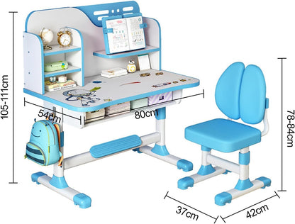 Kids Adjustable Study Desk & Chair Set – Ergonomic Learning Table with Drawer & Golden Distance Design (Blue)