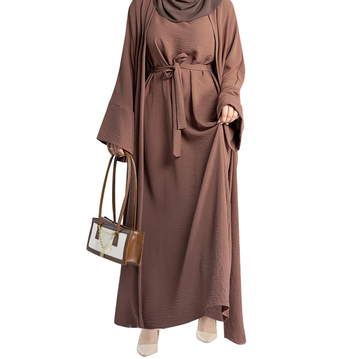 2PCS Muslim Women’s Abaya Set – Islamic Dubai Prayer Dress & Long Cardigan Maxi Robe