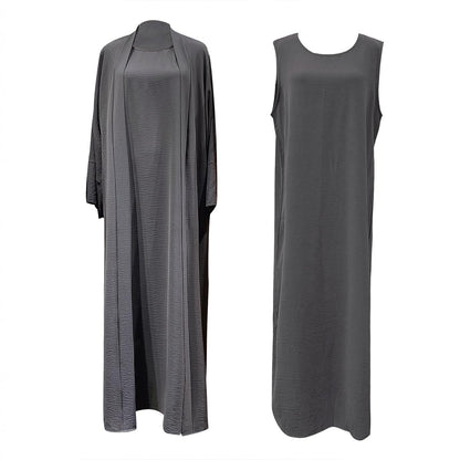 2PCS Muslim Women’s Abaya Set – Islamic Dubai Prayer Dress & Long Cardigan Maxi Robe