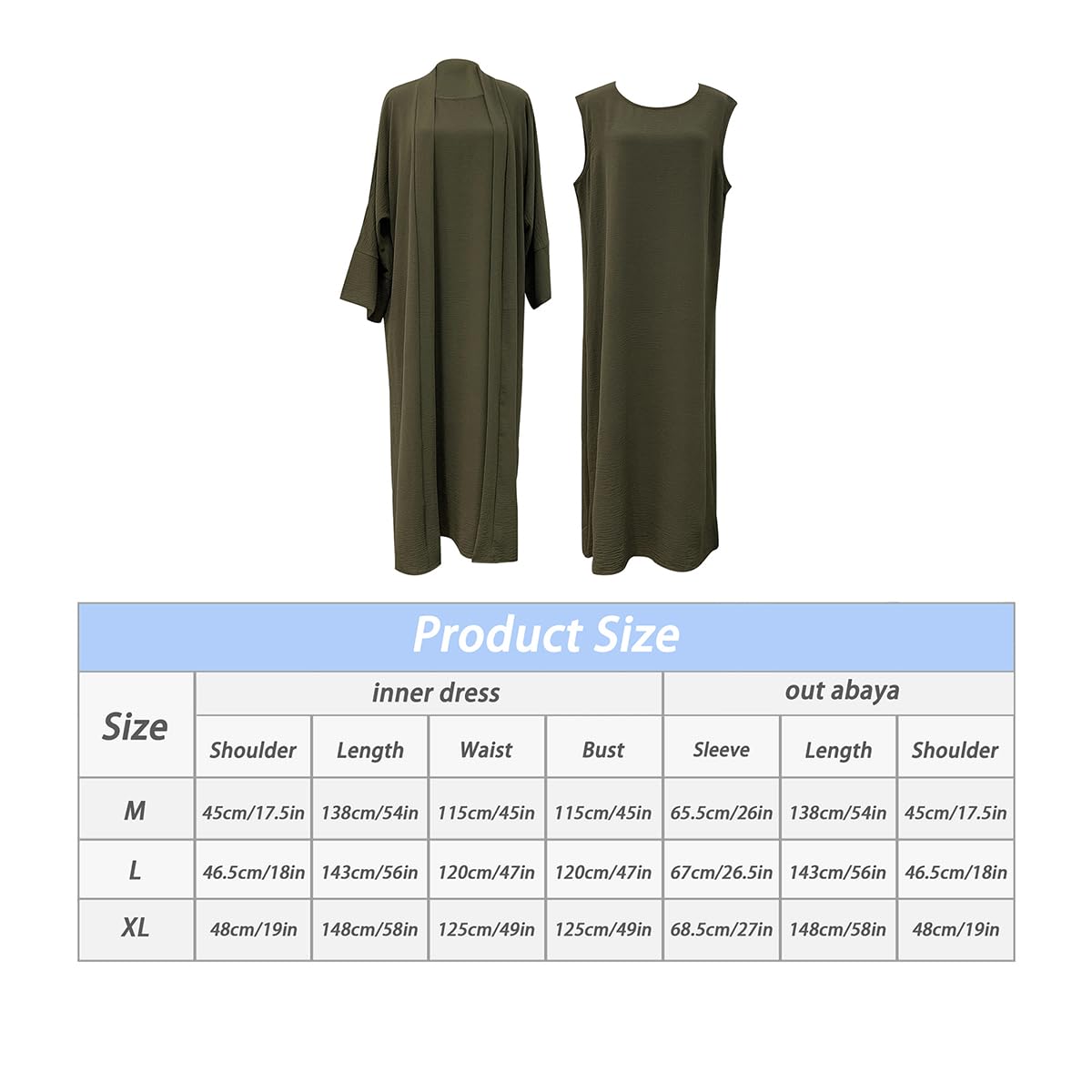 2PCS Muslim Women’s Abaya Set – Islamic Dubai Prayer Dress & Long Cardigan Maxi Robe