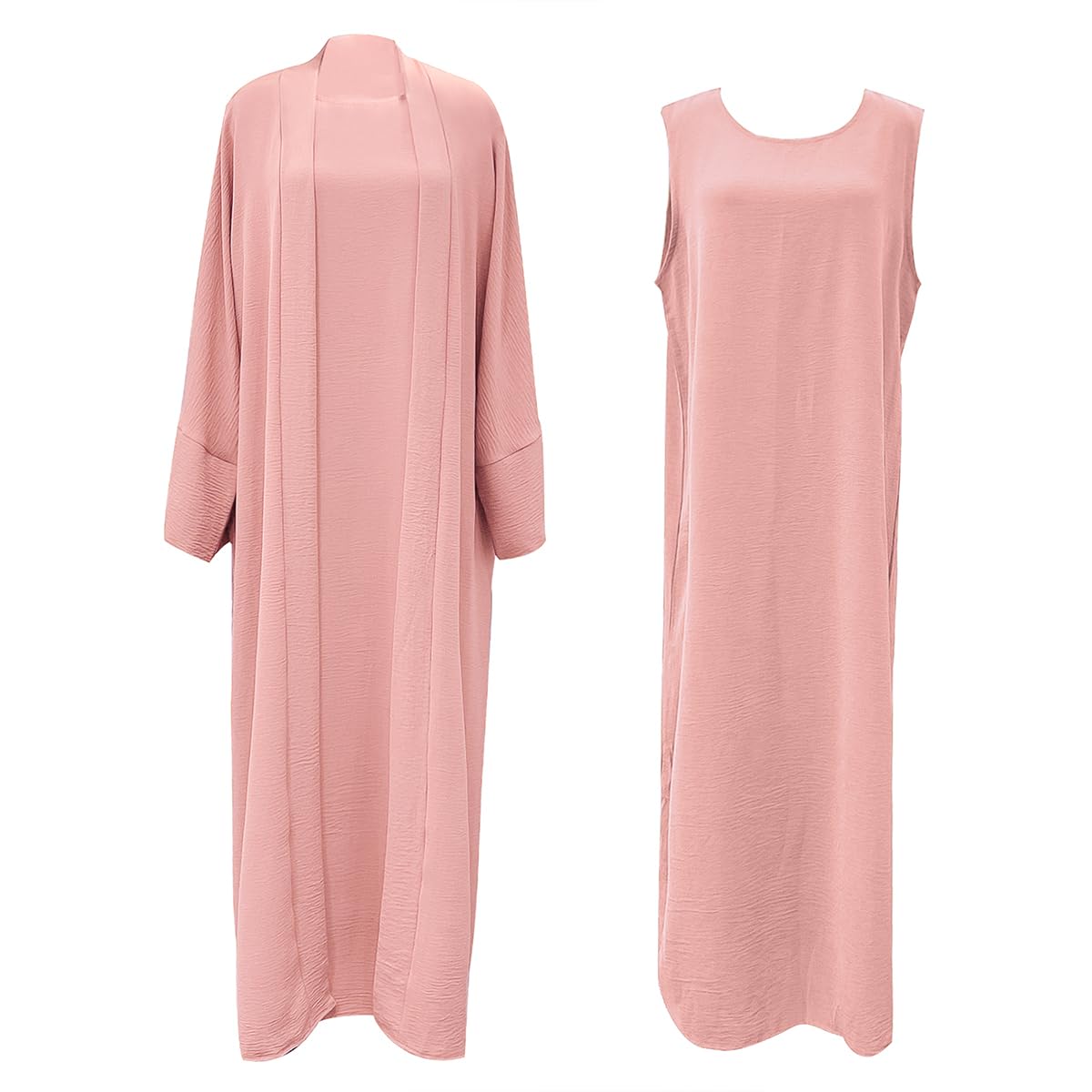 2PCS Muslim Women’s Abaya Set – Islamic Dubai Prayer Dress & Long Cardigan Maxi Robe
