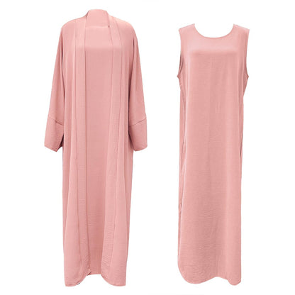 2PCS Muslim Women’s Abaya Set – Islamic Dubai Prayer Dress & Long Cardigan Maxi Robe