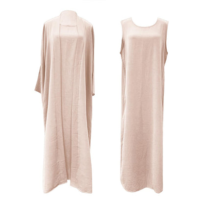 2PCS Muslim Women’s Abaya Set – Islamic Dubai Prayer Dress & Long Cardigan Maxi Robe