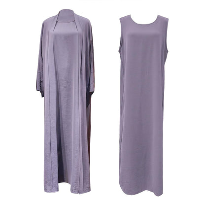 2PCS Muslim Women’s Abaya Set – Islamic Dubai Prayer Dress & Long Cardigan Maxi Robe