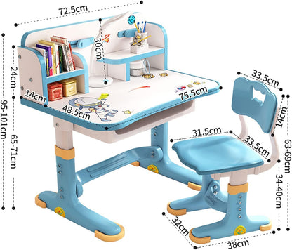 Kids Adjustable Study Desk & Chair Set – Ergonomic Learning Table with Drawer & Golden Distance Design (Blue)