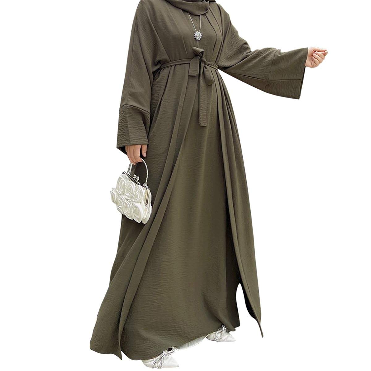 2PCS Muslim Women’s Abaya Set – Islamic Dubai Prayer Dress & Long Cardigan Maxi Robe