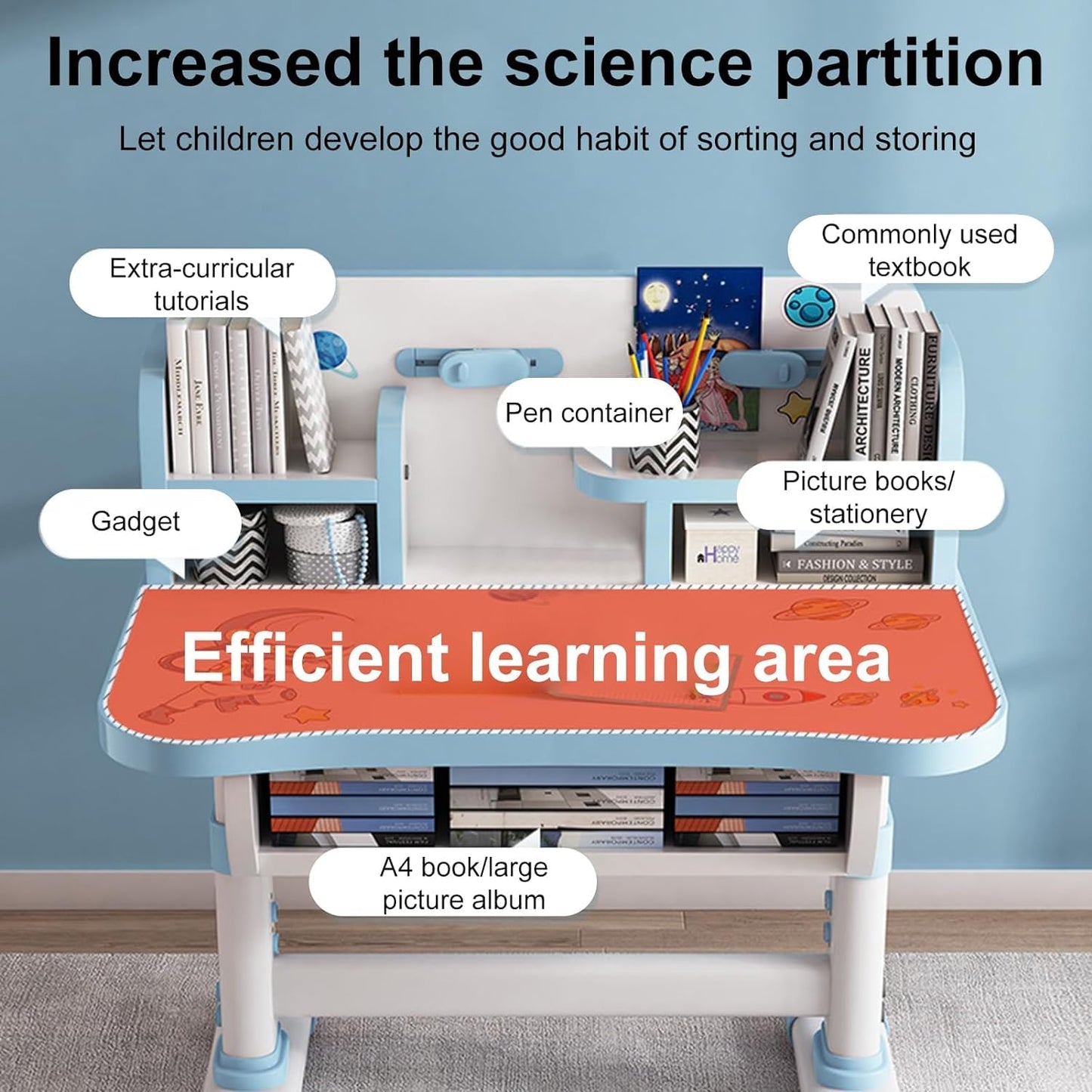Kids Adjustable Study Desk & Chair Set – Ergonomic Learning Table with Drawer & Golden Distance Design (Blue)