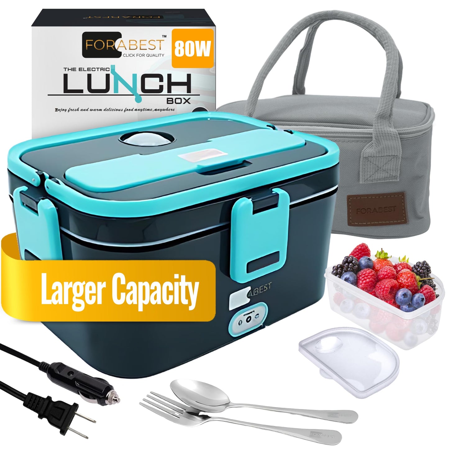 FORABEST Electric Heated Lunch Box 1.5L – Portable Leakproof Food Warmer with Thermal Bag