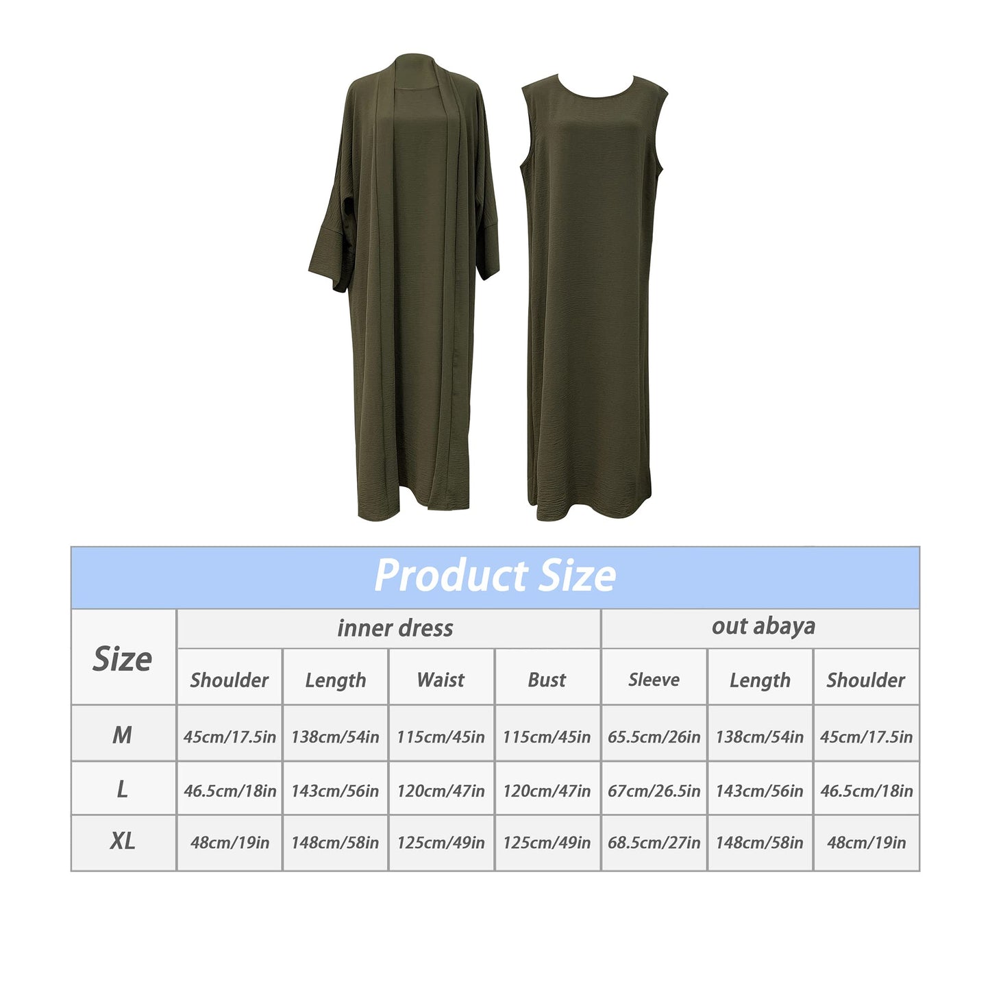 2PCS Muslim Women’s Abaya Set – Islamic Dubai Prayer Dress & Long Cardigan Maxi Robe