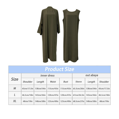 2PCS Muslim Women’s Abaya Set – Islamic Dubai Prayer Dress & Long Cardigan Maxi Robe