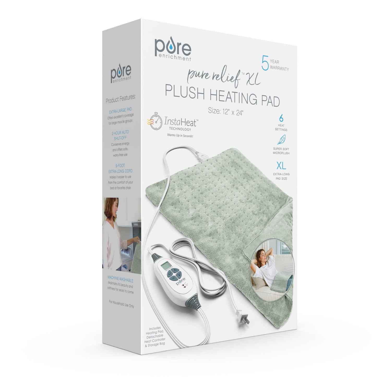 Pure Enrichment® PureRelief® XL Heating Pad - 12" x 24" Electric Heating Pad for Back Pain & Cramps, 6 Heat Settings, Soft Machine Wash Fabric, Auto-Off & Moist Heat (Charcoal Gray)