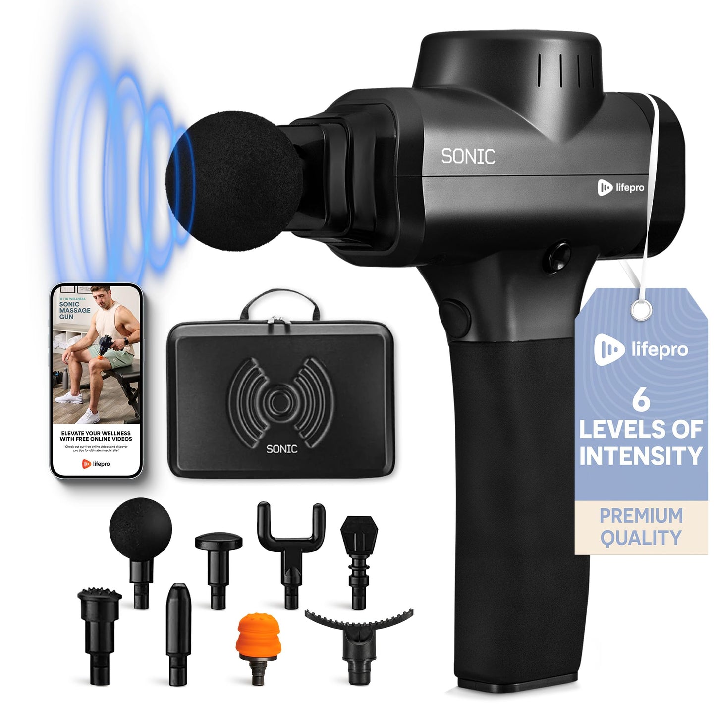 LifePro Deep Tissue Massage Gun – Muscle Massager with 8 Heads, 5 Speeds, Percussion Gun for Athletes