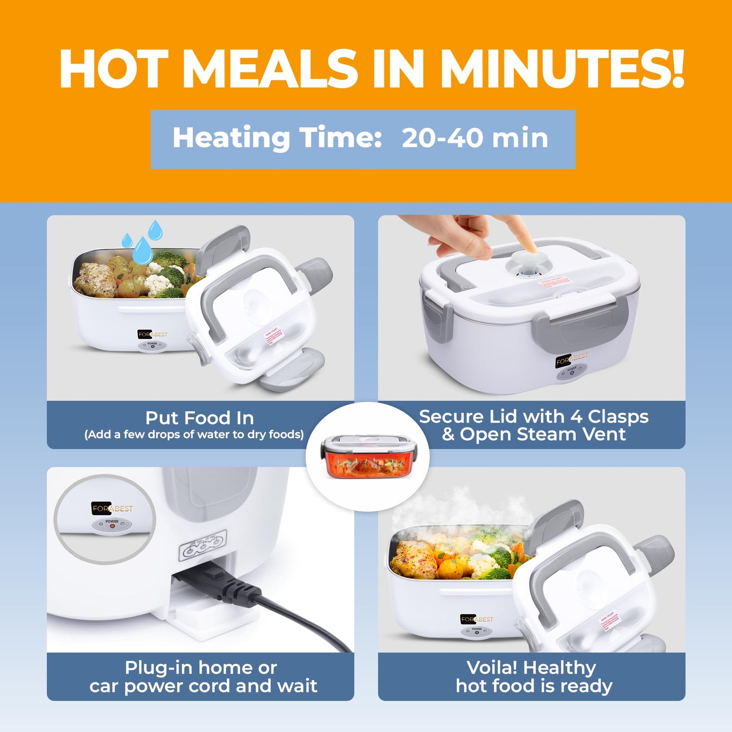 FORABEST Electric Heated Lunch Box 1.5L – Portable Leakproof Food Warmer with Thermal Bag