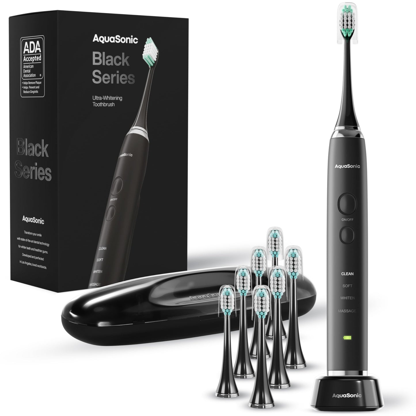 Aquasonic Black Series Electric Toothbrush – Ultra Whitening, 8 Heads, Wireless Charging