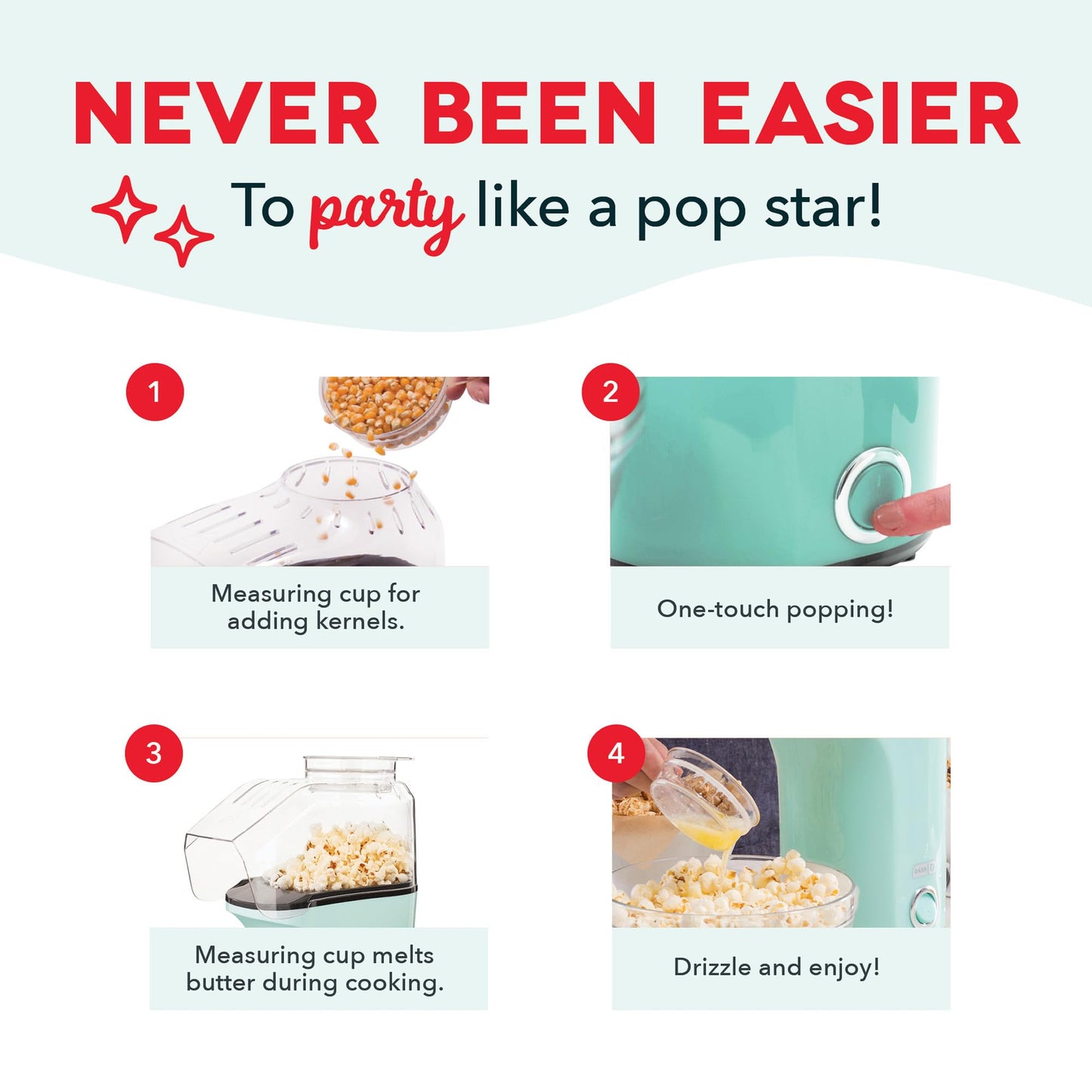 Dash Fresh Pop Popcorn Maker - Oil-Free, Air Popcorn Popper - With Measuring Cup & Recipe Guide - Perfect for Movie Nights - 16 Cups, Aqua