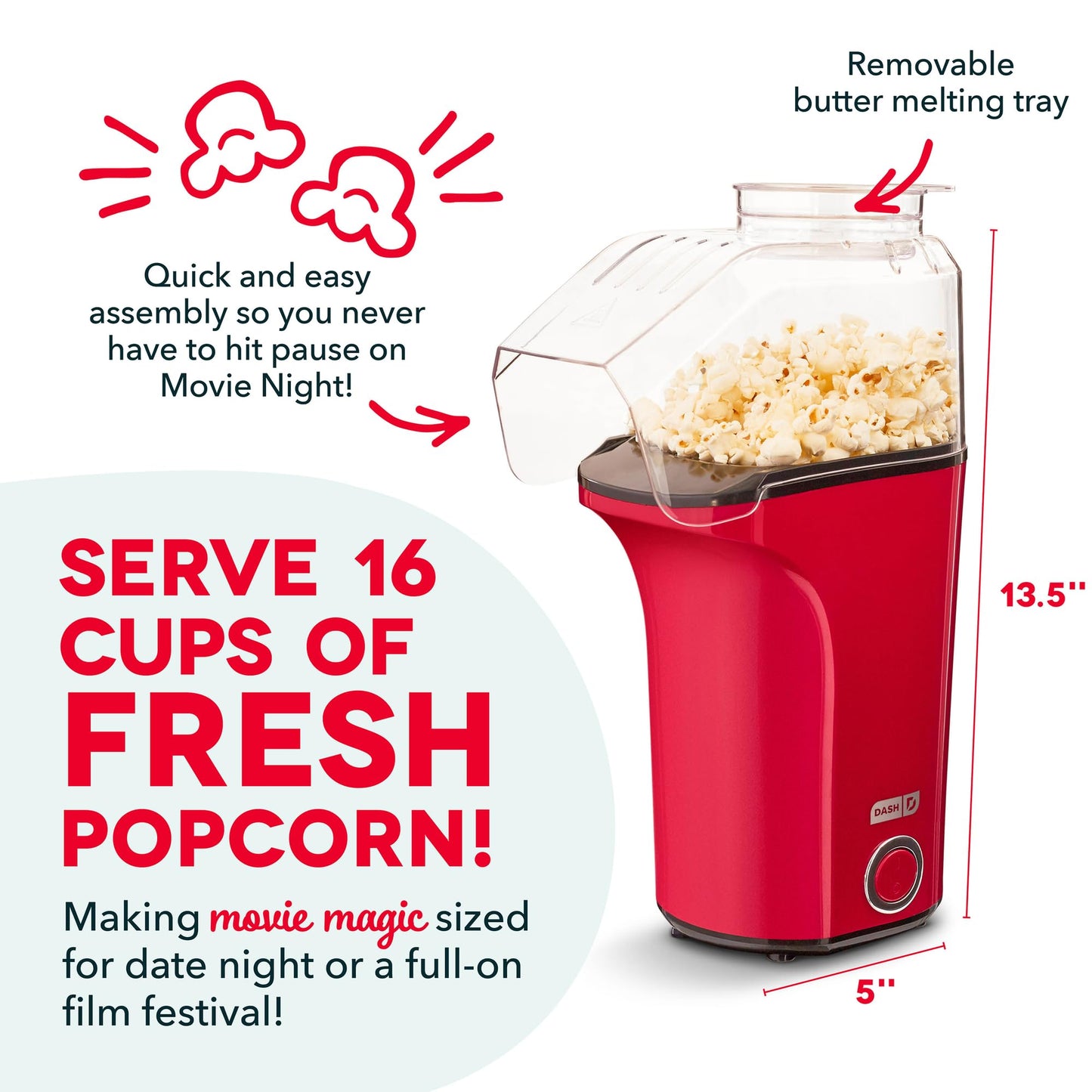 Dash Fresh Pop Popcorn Maker - Oil-Free, Air Popcorn Popper - With Measuring Cup & Recipe Guide - Perfect for Movie Nights - 16 Cups, Aqua