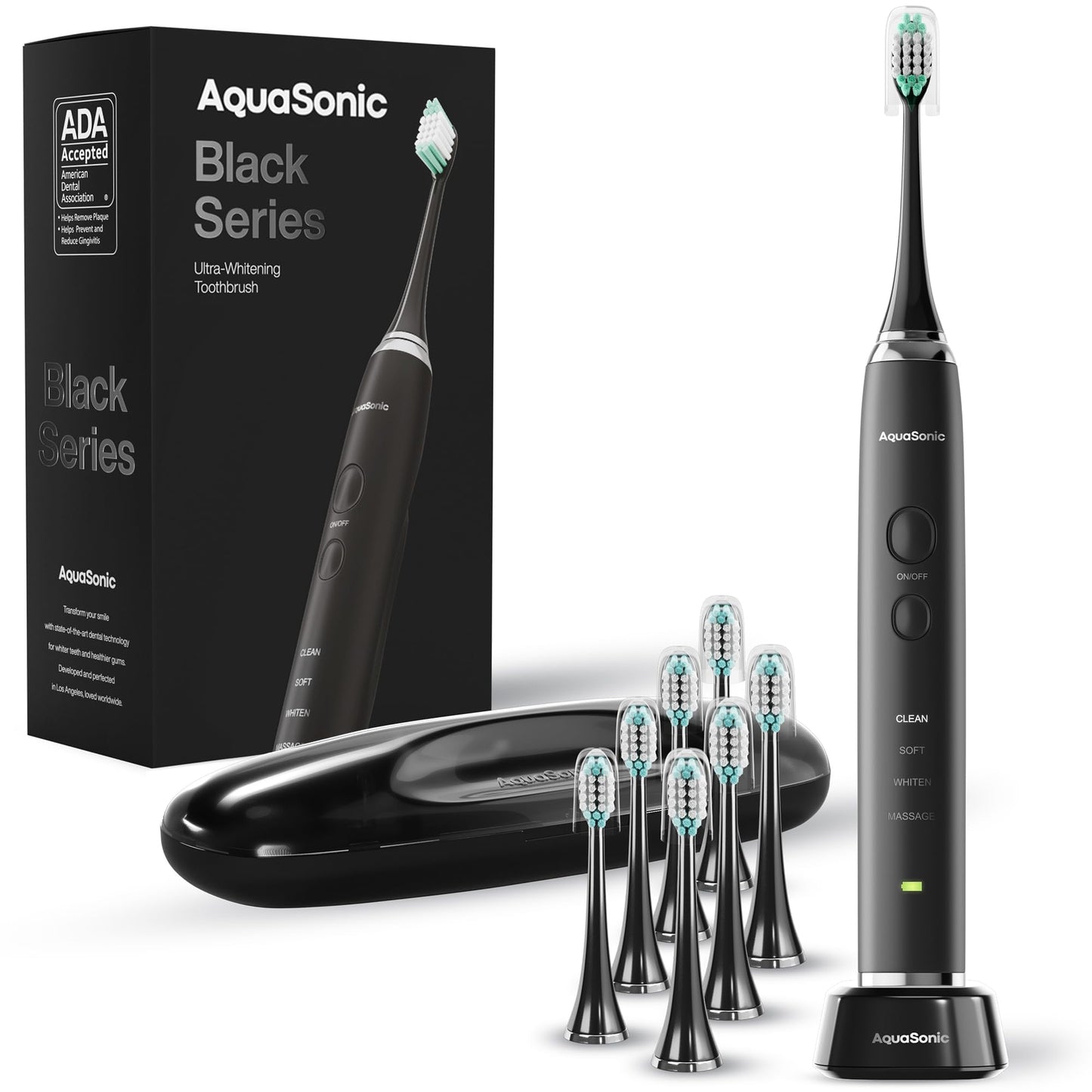 Aquasonic Black Series Electric Toothbrush – Ultra Whitening, 8 Heads, Wireless Charging