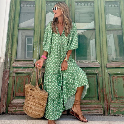 Women’s Summer Bohemian Dress – Vintage Printed, Casual Loose V-Neck, Short Sleeve, Long Elegant Dress