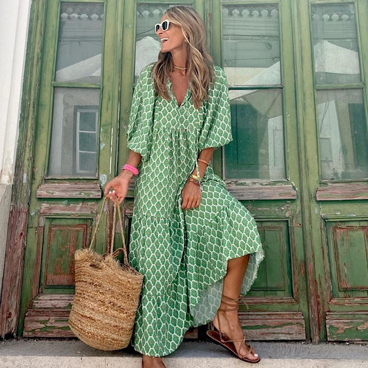 Women’s Summer Bohemian Dress – Vintage Printed, Casual Loose V-Neck, Short Sleeve, Long Elegant Dress
