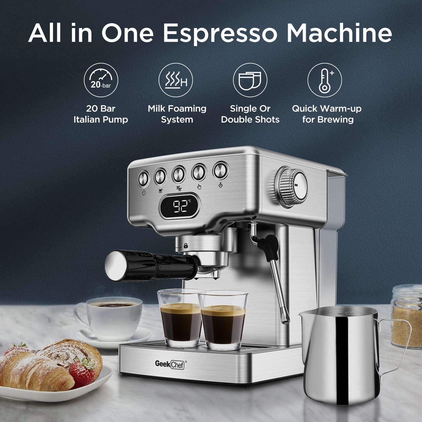 Geek Chef Espresso Machine – 20 Bar Home Coffee Maker with Milk Frother