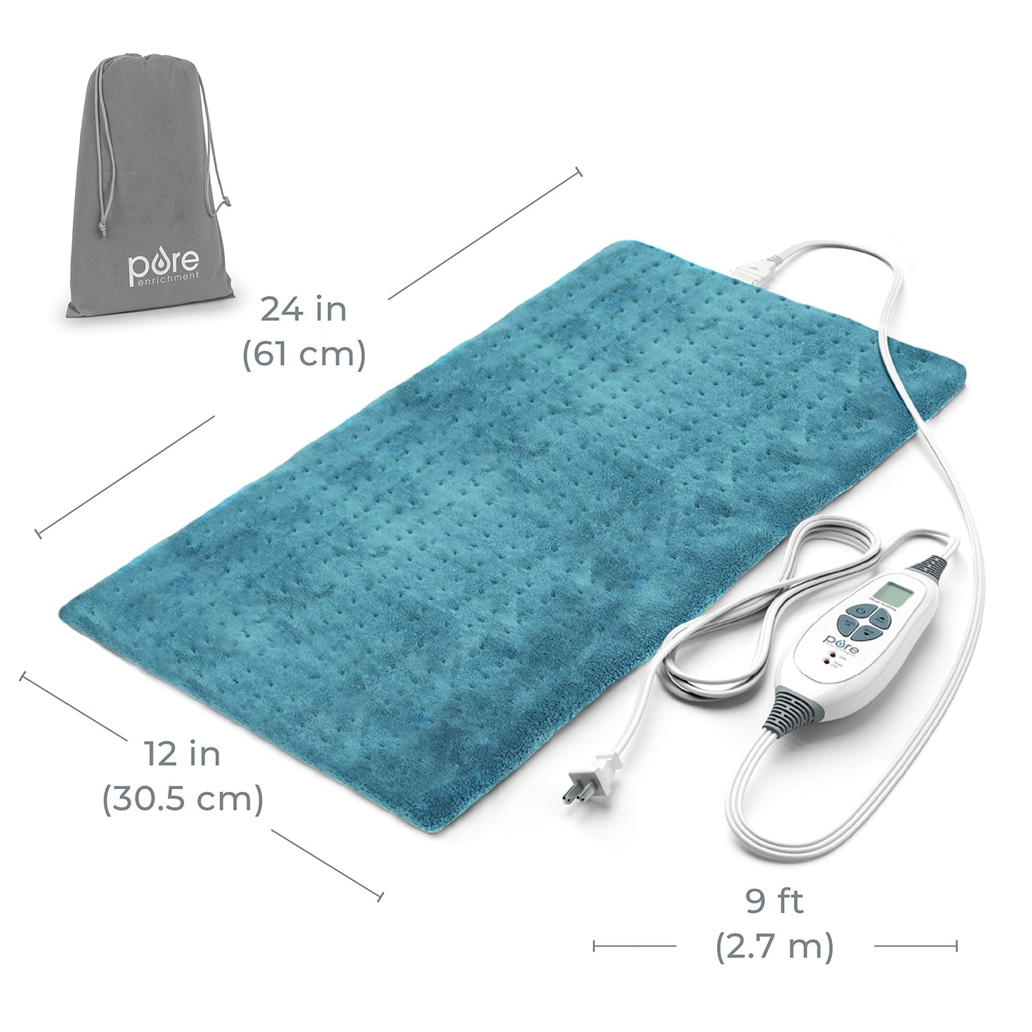Pure Enrichment® PureRelief® XL Heating Pad - 12" x 24" Electric Heating Pad for Back Pain & Cramps, 6 Heat Settings, Soft Machine Wash Fabric, Auto-Off & Moist Heat (Charcoal Gray)