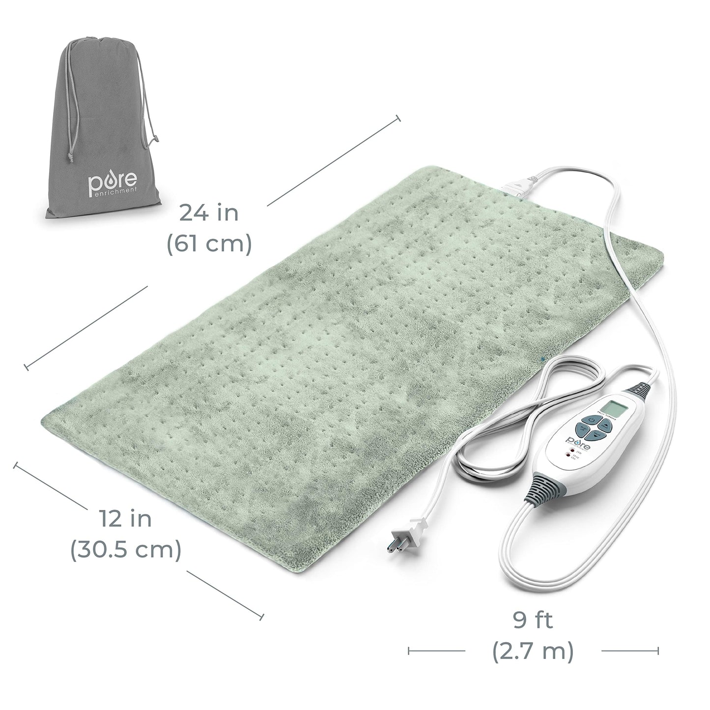 Pure Enrichment® PureRelief® XL Heating Pad - 12" x 24" Electric Heating Pad for Back Pain & Cramps, 6 Heat Settings, Soft Machine Wash Fabric, Auto-Off & Moist Heat (Charcoal Gray)