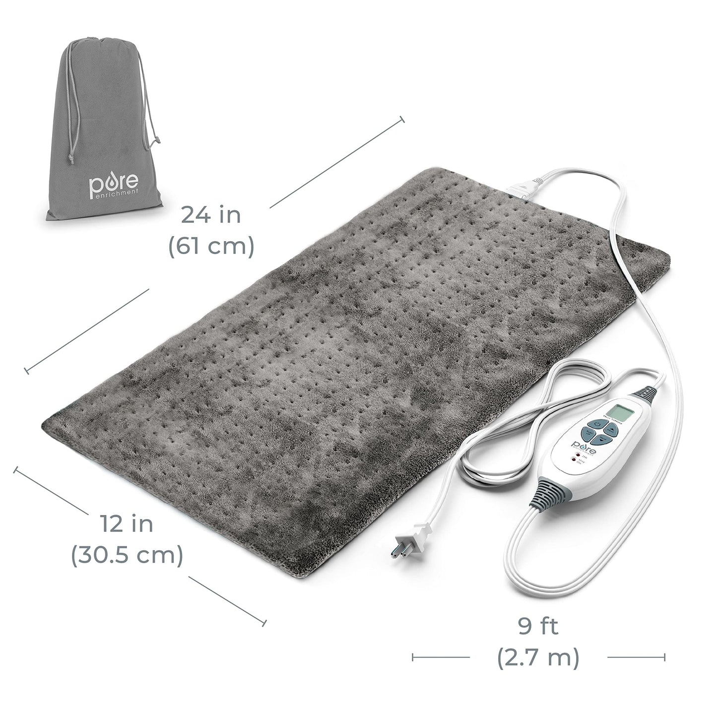 Pure Enrichment® PureRelief® XL Heating Pad - 12" x 24" Electric Heating Pad for Back Pain & Cramps, 6 Heat Settings, Soft Machine Wash Fabric, Auto-Off & Moist Heat (Charcoal Gray)