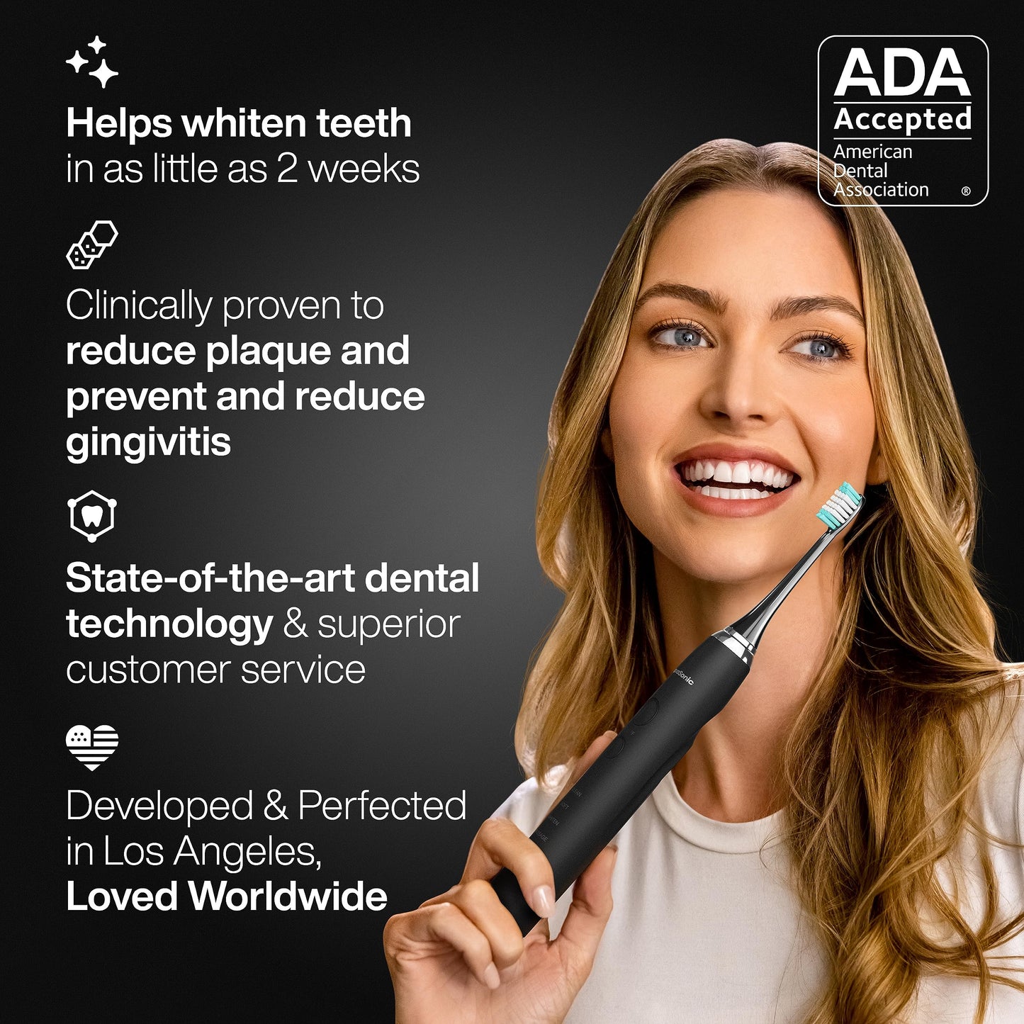 Aquasonic Black Series Electric Toothbrush – Ultra Whitening, 8 Heads, Wireless Charging