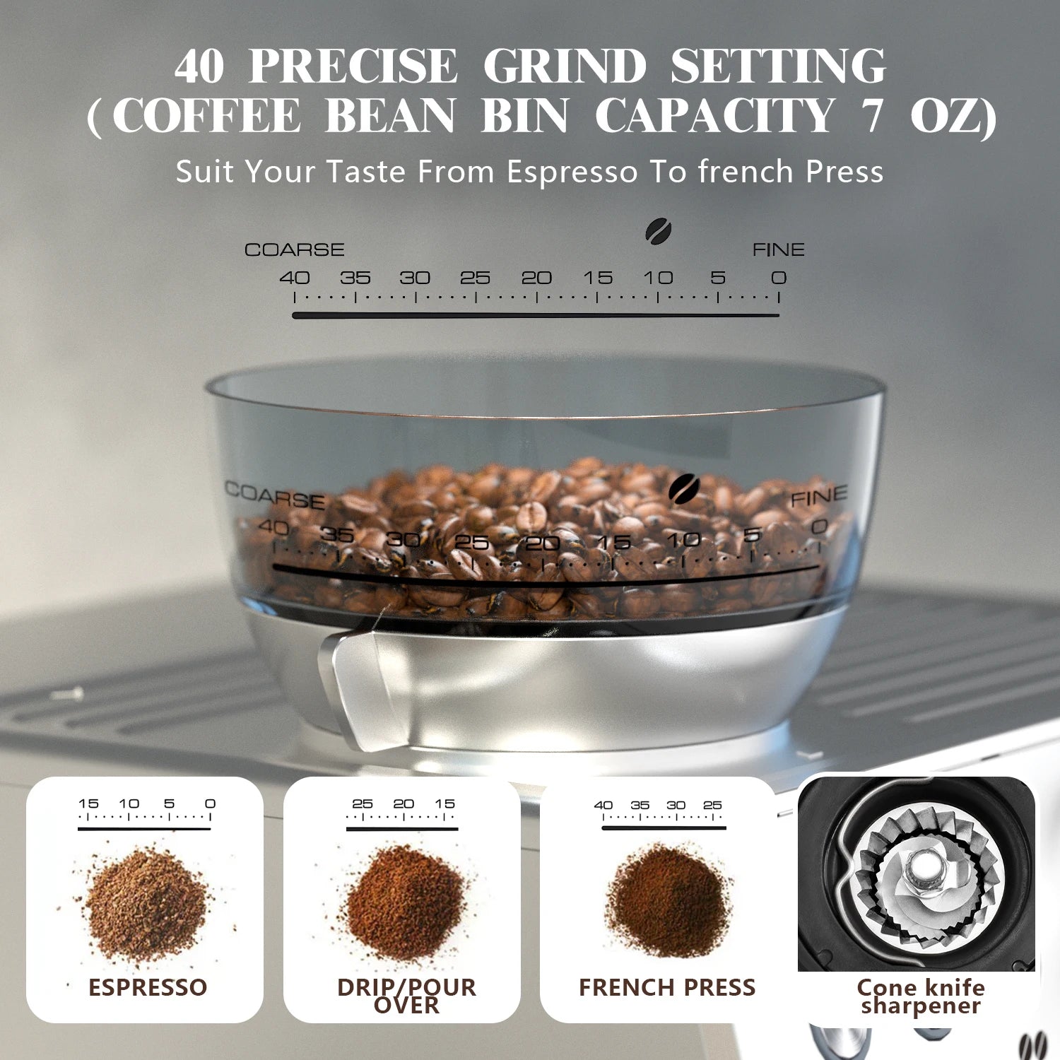 Coffee grinder with coffee beans and measurement scale on a neutral background