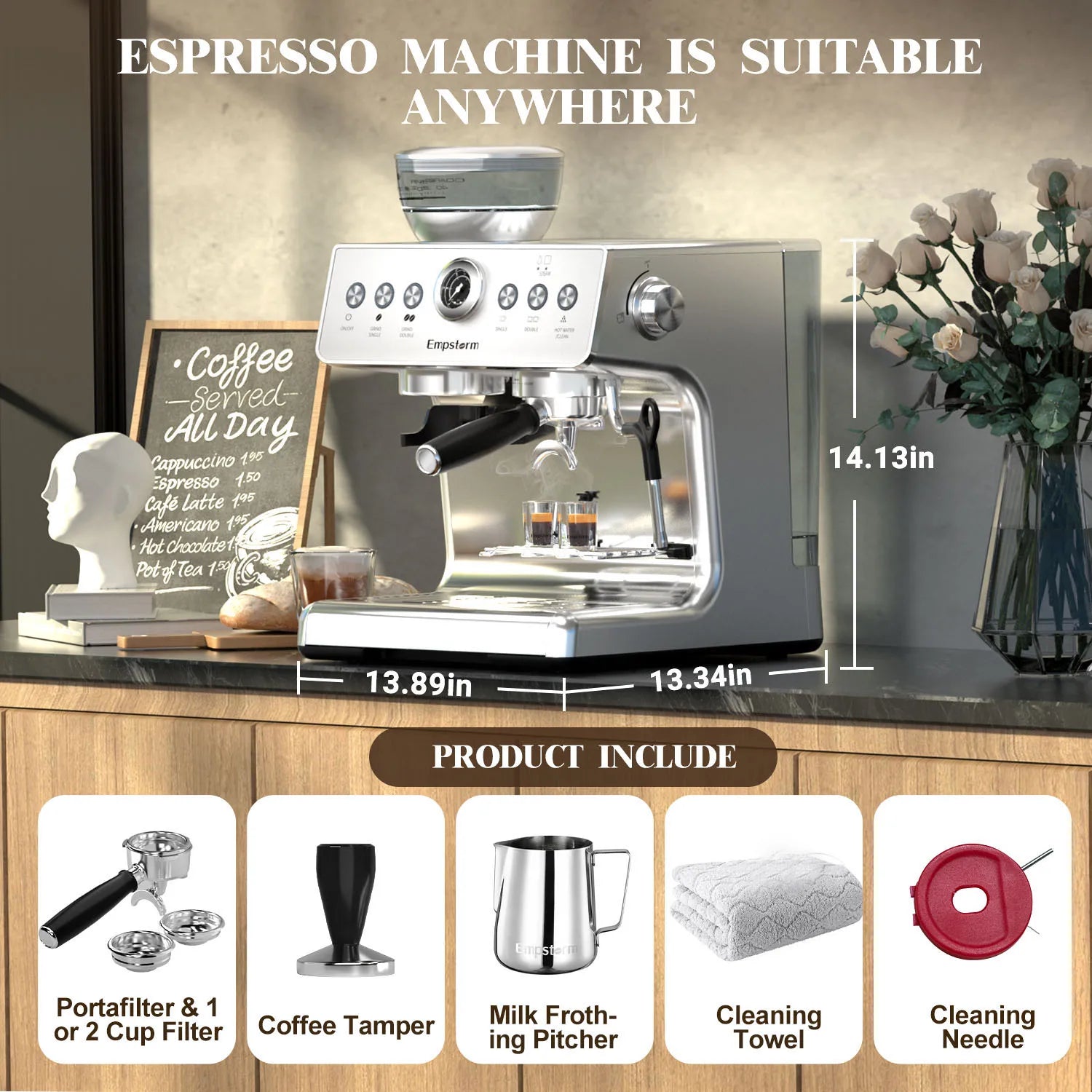 Espresso machine on a kitchen counter with measurements and included accessories displayed.
